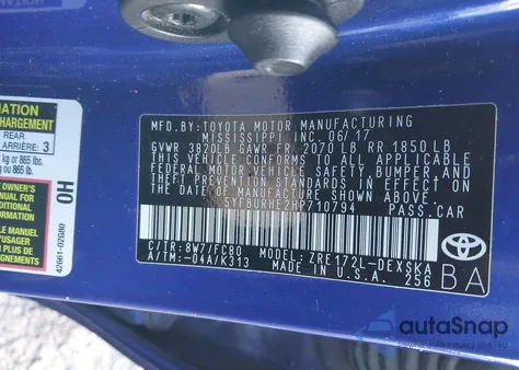 2017 Toyota Corolla Se из США, поврежденный, VIN 5YFBURHE2HP710794